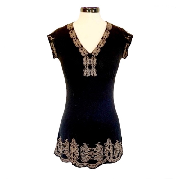 Vintage BCBG MaxAzria 90s embroidered tunic top women’s Small black and brown - Picture 1 of 8